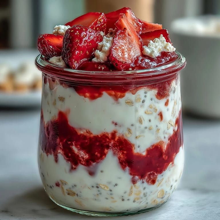 Whipped Greek yogurt overnight oats swirled with homemade strawberry compote, a light and airy breakfast layered in a clear glass with fresh fruit.  
