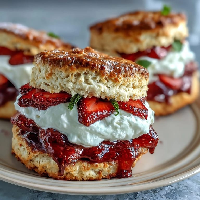 Golden-brown scones topped with macerated strawberries and a dollop of vanilla yogurt cream.  