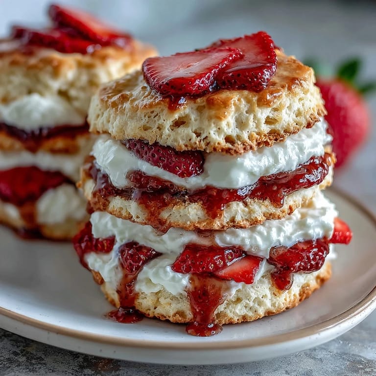 Buttery strawberry scones split and filled with vanilla yogurt and juicy macerated strawberries.