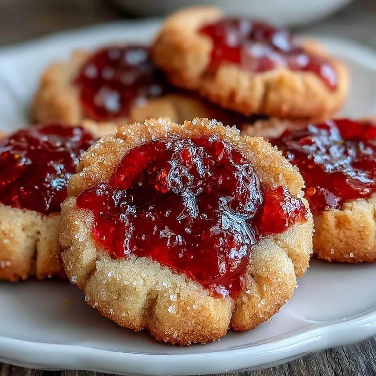 Classic American thumbprint cookies filled with bright red strawberry jam, ideal for outdoor gatherings and parties.