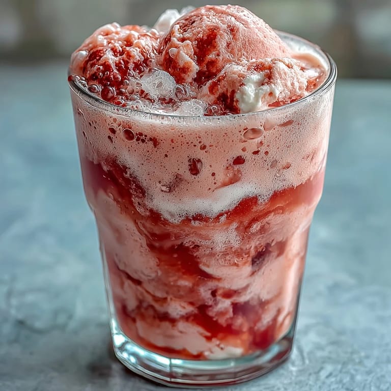 Creamy vanilla ice cream topped with strawberry daiquiri blend and bubbly sparkling water, perfect summer treat.