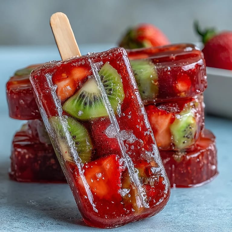Colorful popsicles filled with juicy strawberries, mango, kiwi, and pineapple, frozen into a boozy tropical treat.