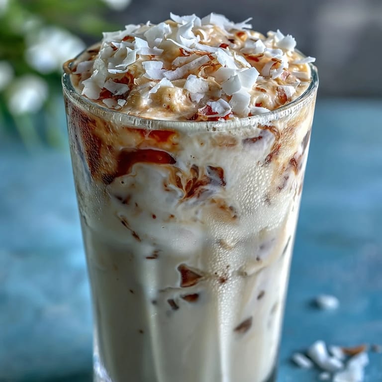Refreshing vanilla coconut frappuccino mocktail with smooth coconut cream, vanilla bean seeds, and ice, topped with whipped coconut cream and toasted coconut.