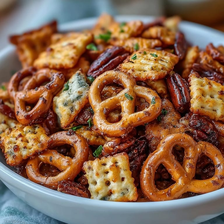 Tangy homemade sourdough Cheez-Its combined with mixed nuts and pretzels for a flavorful snack mix.