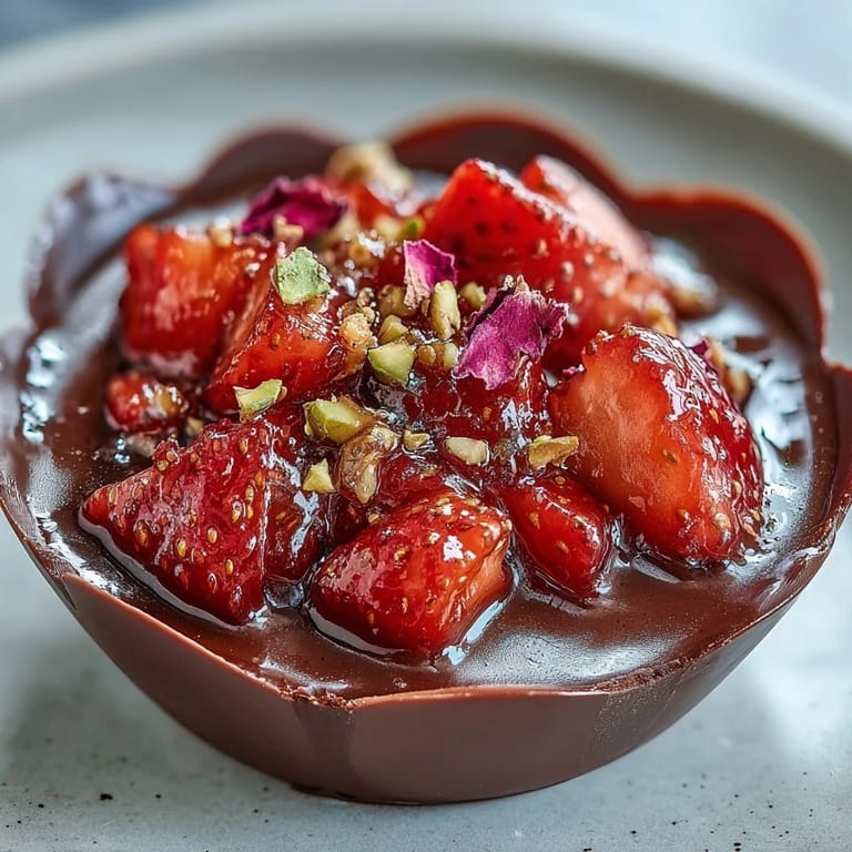 Luxurious dark chocolate cups with rosewater-infused strawberries and caramelized pistachio crunch, offering a taste of Dubai in every bite.