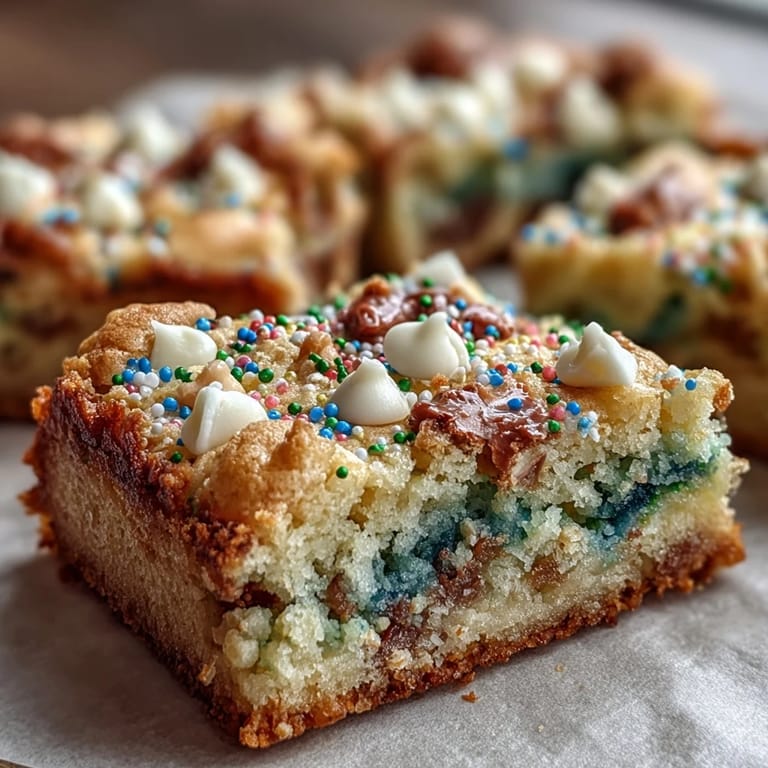 Vibrant St. Patrick's Day dessert bars featuring layers of white chocolate chips and festive sprinkles.