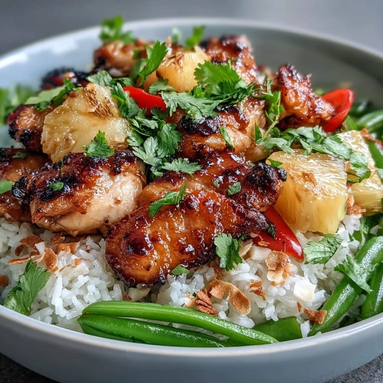 Tropical chicken rice bowls with golden pineapple chunks, sautéed snap peas, and red bell peppers served over creamy coconut-infused jasmine rice.