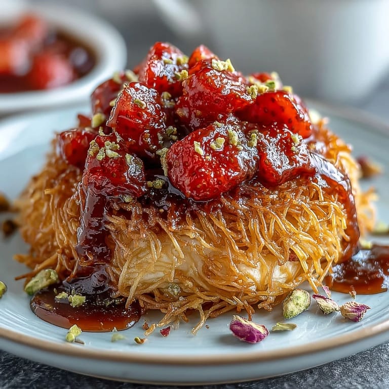 Aromatic Dubai-Style Strawberry Cups with Kataifi and Dark Chocolate, garnished with crushed pistachios and rose petals for a stunning Middle Eastern dessert.  