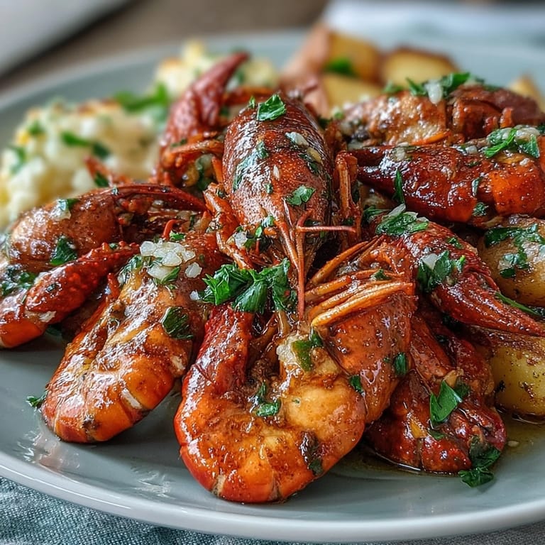 Freshly boiled crawfish, corn, and potatoes tossed with Cajun butter, garnished with parsley and lemon wedges for a Southern feast.