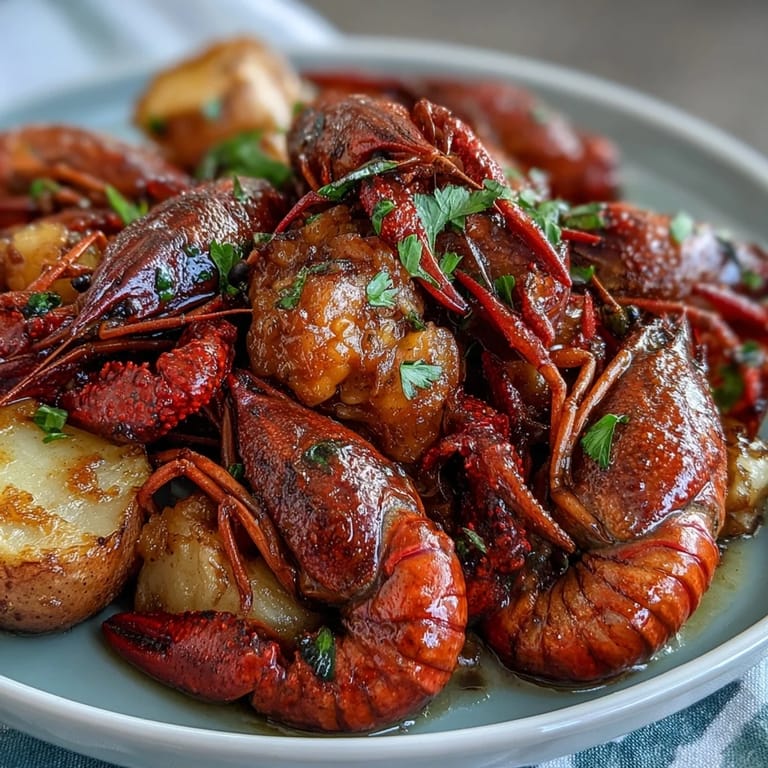 A steaming pot of Louisiana crawfish boil featuring Andouille sausage, corn, and potatoes, seasoned with bold Cajun spices.  