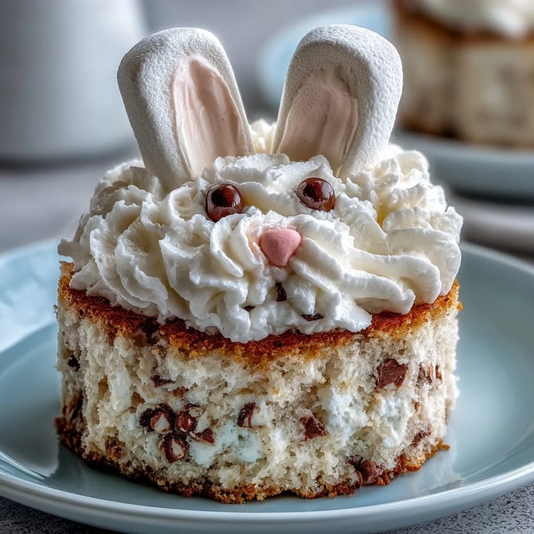 Delightful mini bunny-shaped cakes topped with colorful buttercream, fluffy marshmallow ears, and candy eyes, perfect for Easter celebrations.