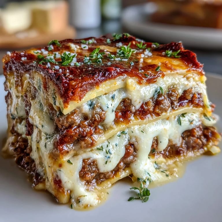 Hearty lasagna recipe with savory meat sauce, creamy ricotta mixture, and stretchy mozzarella cheese, perfect for a comforting family dinner.