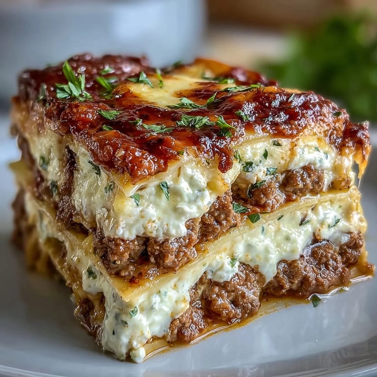 Classic Italian-American lasagna with hearty ground beef, Italian sausage, and a creamy ricotta cheese filling baked until golden and bubbly.  