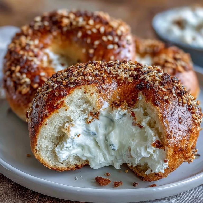 High-protein bagels sprinkled with everything seasoning, served warm with zesty Greek yogurt dip for a satisfying snack or breakfast.