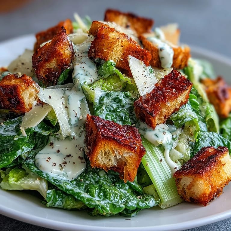 Crunchy Celery Caesar Salad with golden croutons, Parmesan shavings, and creamy Caesar dressing in a bowl.