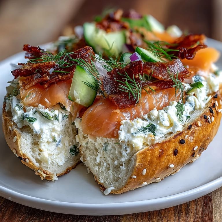 Protein-packed cottage cheese bagels served with smoked salmon, red onion, capers, and dill for a gourmet brunch.  