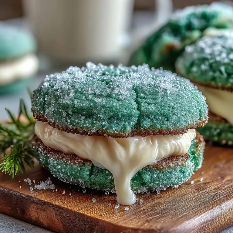 Festive green sugar cookies filled with fluffy vanilla frosting, rolled in sparkling sugar for St. Patrick's Day.