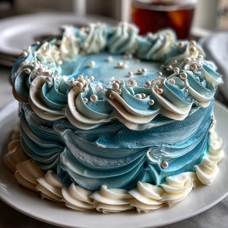 Moist vanilla sheet cake decorated with blue ombré buttercream waves, creating an enchanting Pisces zodiac-inspired dessert.  