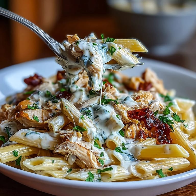 Slow-cooked chicken and pepperoncini blend into a creamy, flavorful sauce served over penne pasta with Parmesan.  