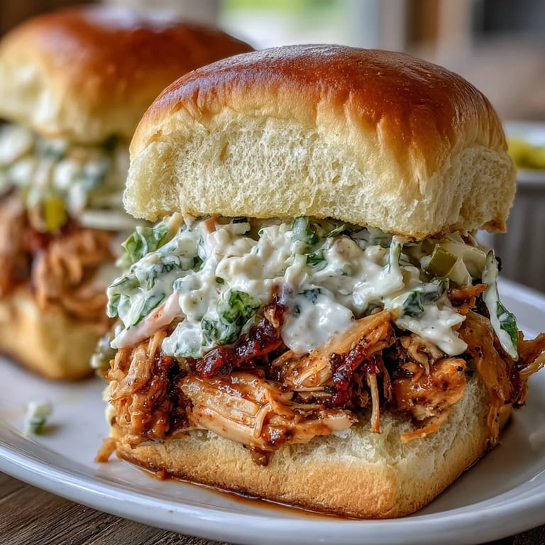 Slow-cooked Mississippi chicken piled high on slider buns, topped with crisp, creamy coleslaw for the perfect bite.  