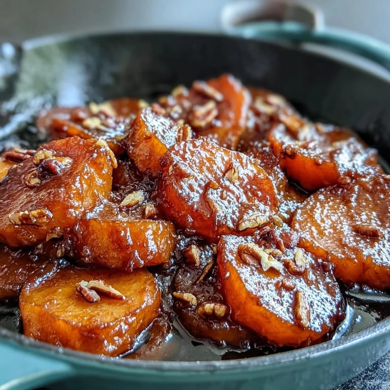 Classic Southern Soul Food Candied Yams Skillet, with sliced yams simmered in cinnamon and nutmeg-spiced brown sugar syrup, served warm and glossy.