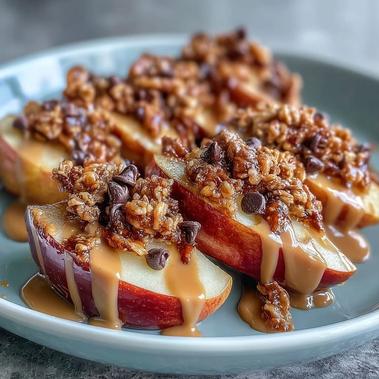 Sweet and tart apple rounds coated in peanut butter and crunchy granola, perfect for a quick snack.