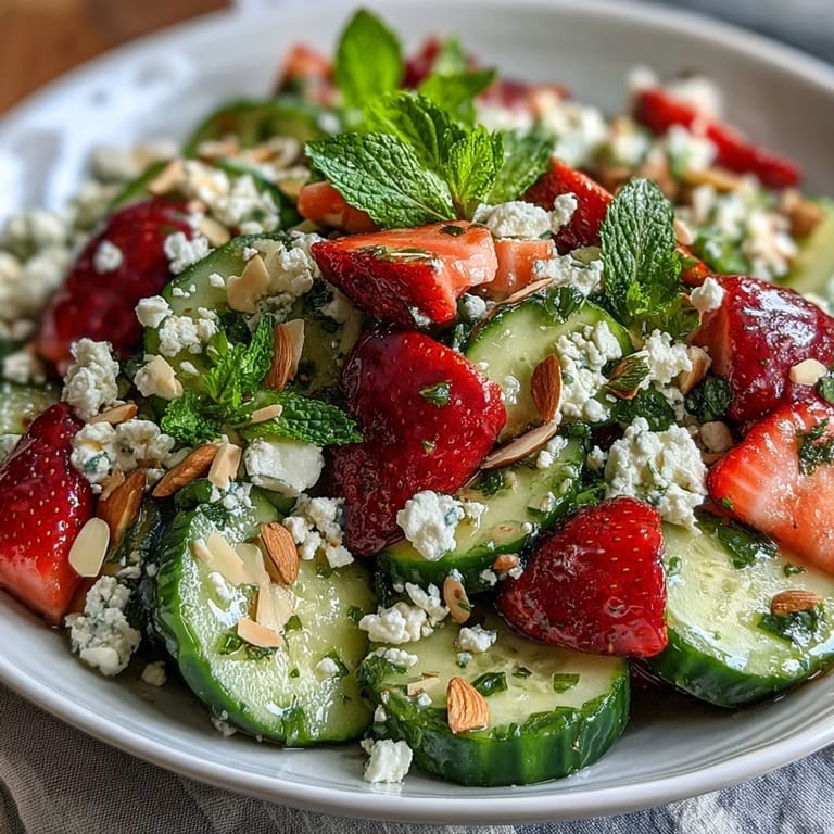Spring Food Cucumber and Strawberry Salad with Mint: A vibrant spring salad with sweet strawberries, cool cucumber, and fragrant mint, finished with feta and almonds.