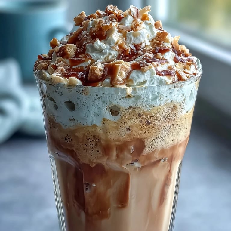 Refreshing vanilla bean frappuccino with smooth coffee base and fluffy toasted coconut foam, served over ice for a cool summer treat.