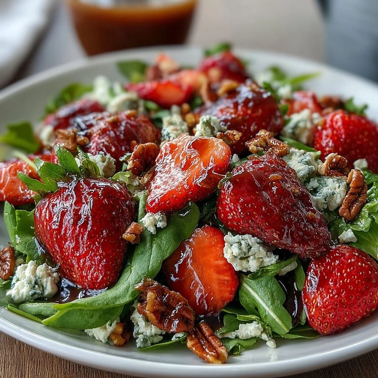 Fresh strawberries and goat cheese atop peppery arugula, finished with a tangy balsamic glaze in this Spring Dinner Party Salad.