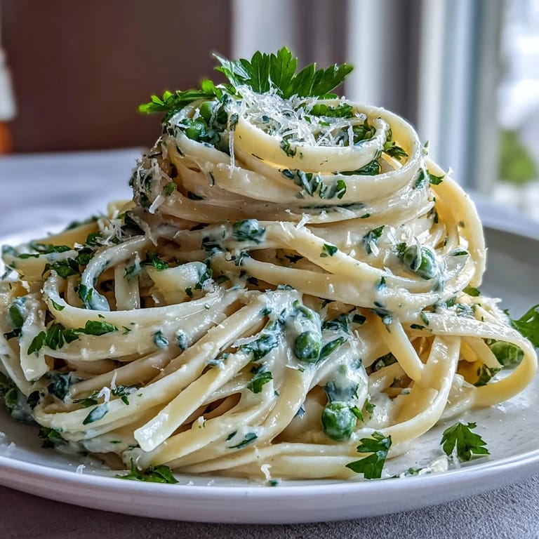 Silky lemon-butter sauce coats linguine pasta with sweet peas and a generous sprinkle of Parmesan cheese.
