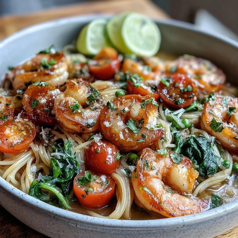 One-pot garlic shrimp with angel hair, featuring tender shrimp, snap peas, and cherry tomatoes in a fragrant white wine sauce.