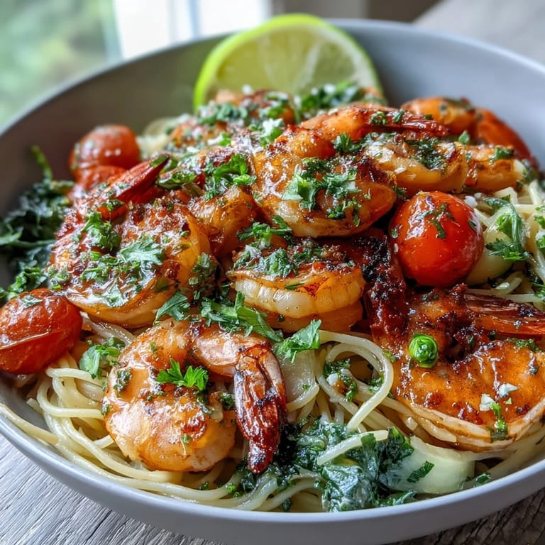 Colorful one-pot garlic shrimp with angel hair pasta, garnished with parsley and Parmesan, perfect for a quick Mediterranean dinner.