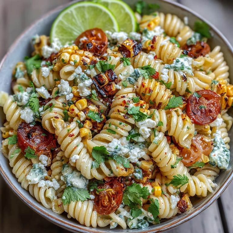 Creamy pasta salad with sweet charred corn, tangy lime dressing, crumbled Cotija cheese, and a hint of chili for a Mexican-inspired flavor.