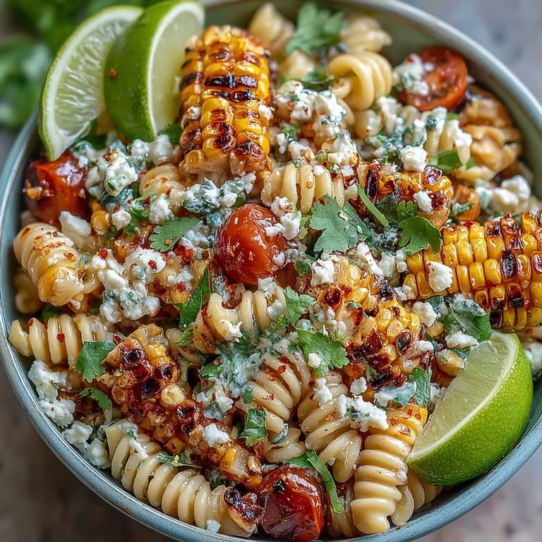 Elote-inspired pasta salad featuring al dente noodles, smoky corn, fresh tomatoes, and crumbled Cotija in a zesty chili-lime dressing.