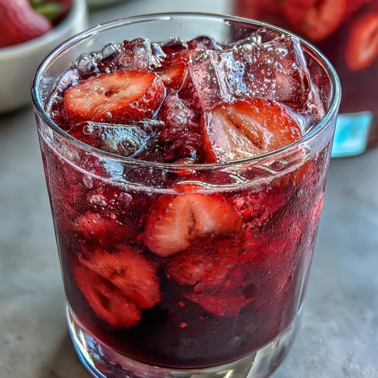 Cool and fruity Homemade Starbucks Strawberry Açaí Refresher served over ice with fresh strawberry garnish.
