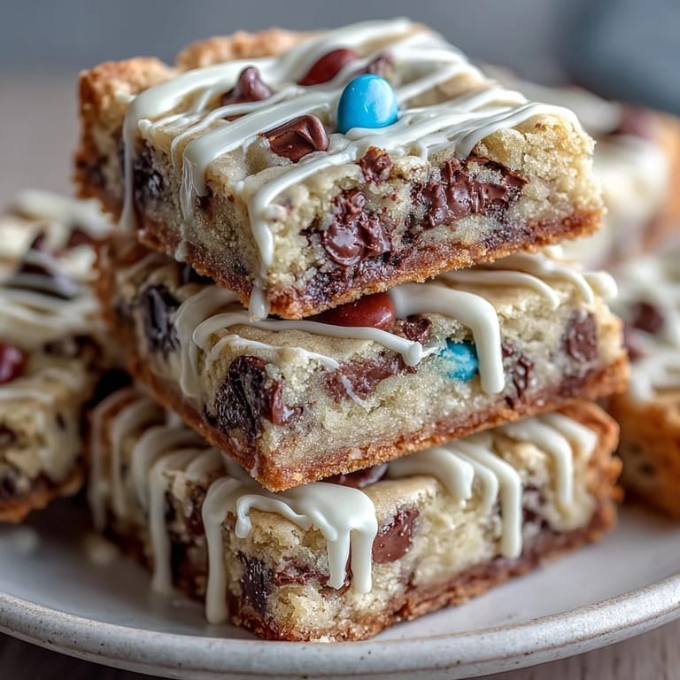 These chewy cookie bars feature vibrant candy-coated chocolates and a glossy white chocolate drizzle, perfect for graduation parties.