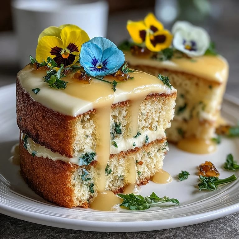Beautifully decorated spring cake featuring edible flower petals, zesty lemon curd, and airy sponge layers for a fresh seasonal treat.