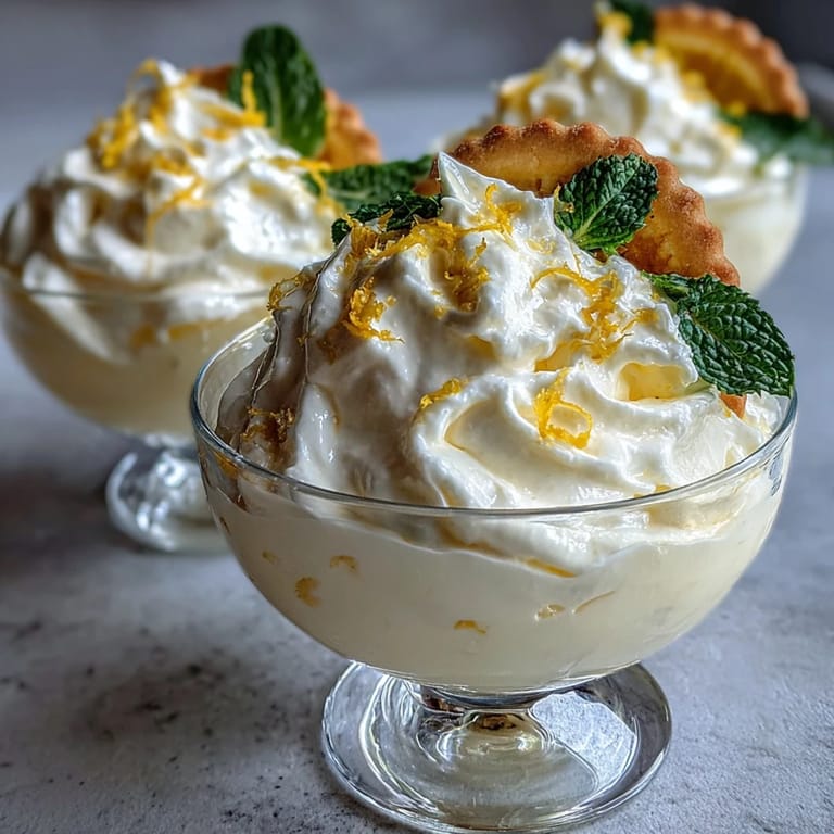 Creamy lemon mousse in chilled cups, garnished with berries and mint, served with golden, buttery shortbread cookies.