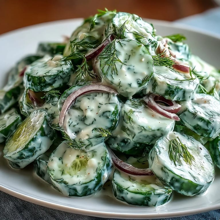 Refreshing Creamy Cucumber Dill Salad featuring cool cucumbers and creamy dressing, ideal for light lunches or side dishes.