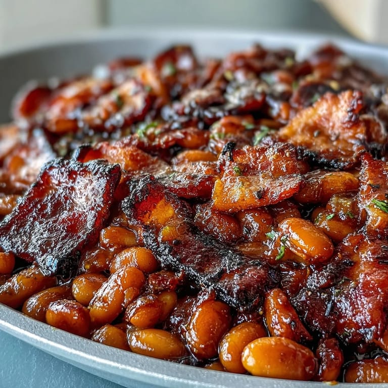 Sweet and smoky baked beans with bacon, perfect for serving alongside grilled meats at your next cookout.