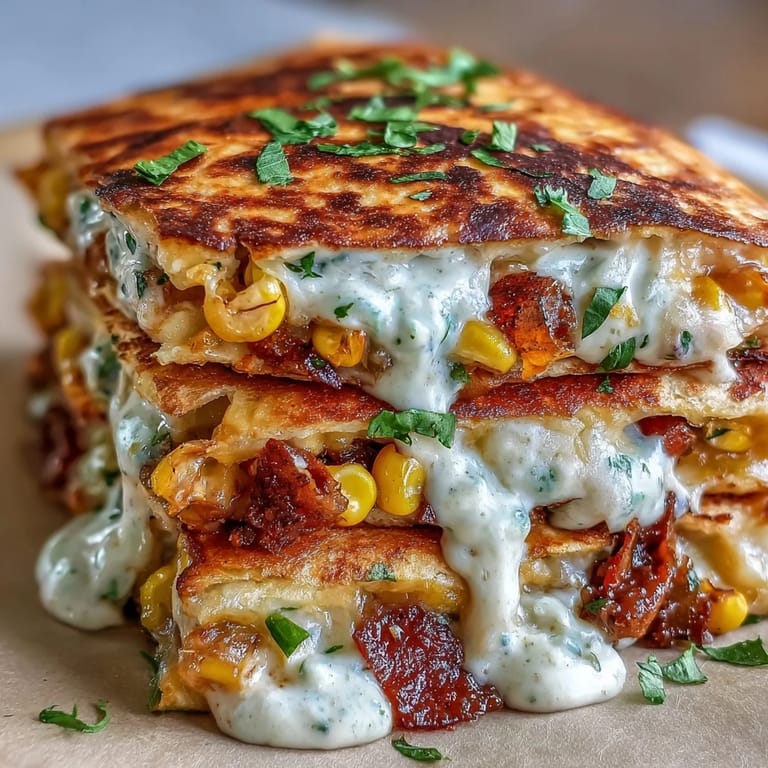 Cheesy Cinco de Mayo Street Corn Quesadillas with charred corn, jalapeño, and creamy chipotle crema for dipping.