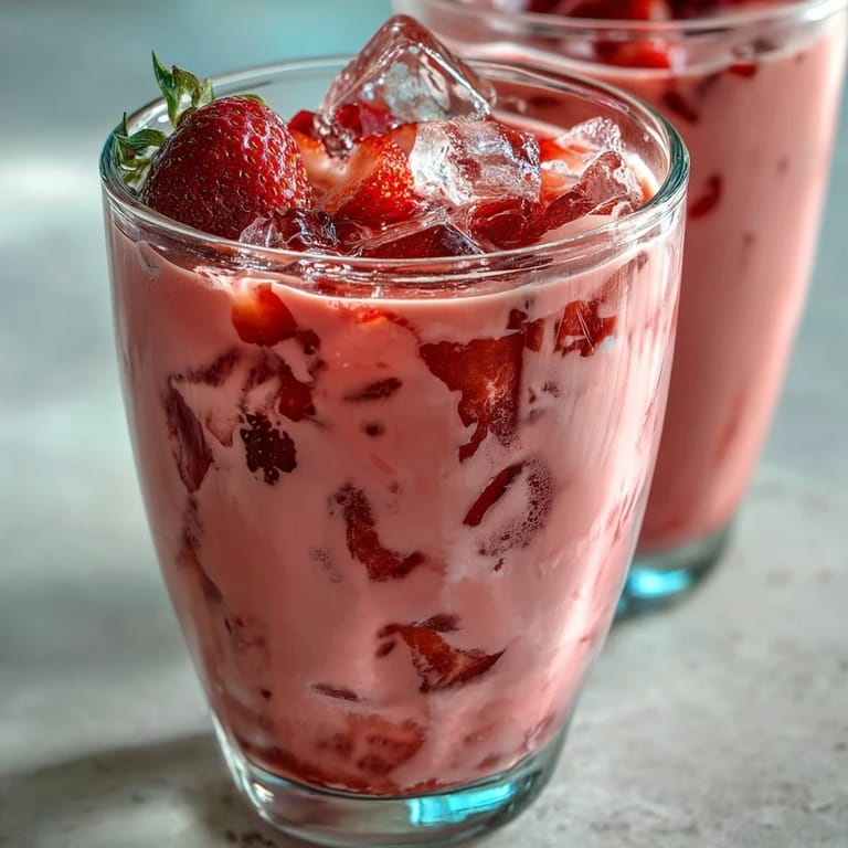 Icy pink drink with swirls of coconut and açaí, topped with sliced strawberries for a visually stunning and fruity treat.