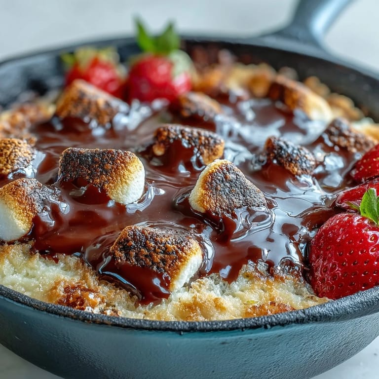 Celebrate Independence Day with this 4th of July Smores Dip: bubbly chocolate and toasted marshmallows in a cast iron skillet, perfect for sharing.
