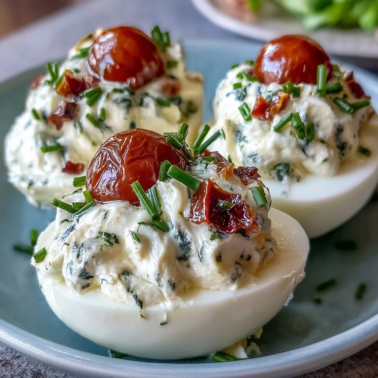 Italian-inspired Caprese deviled eggs, a perfect bite with creamy filling and fresh toppings.