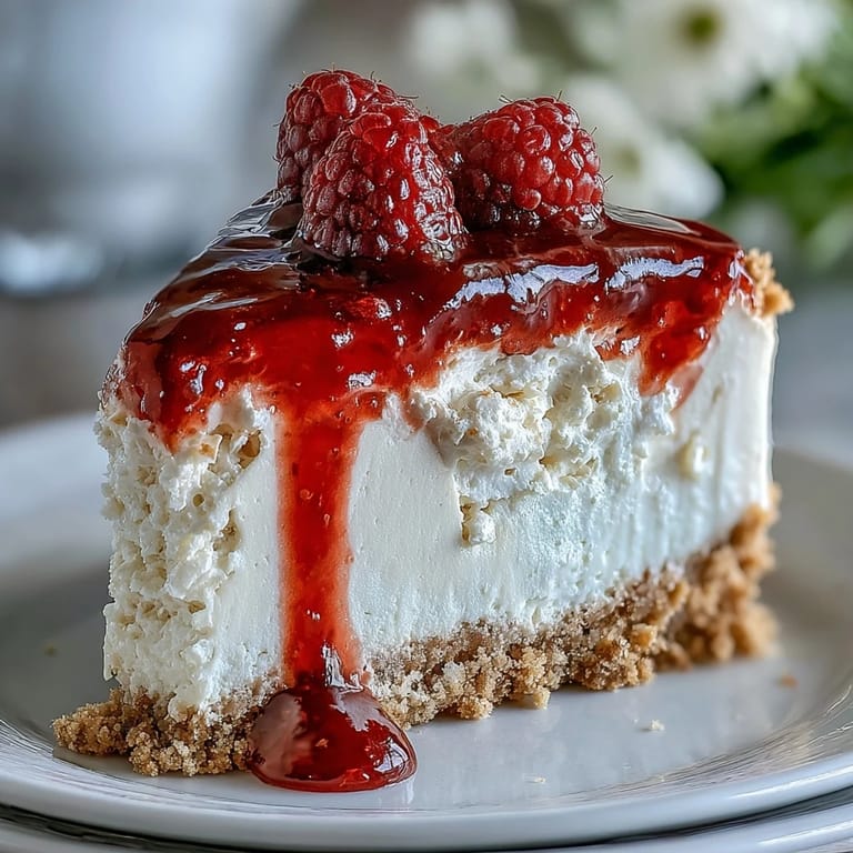 Decadent no-bake cheesecake for Mother's Day, adorned with ruby-red raspberry sauce.