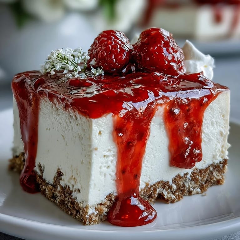 Beautifully chilled Mother's Day no-bake cheesecake, ready for a drizzle of coulis.