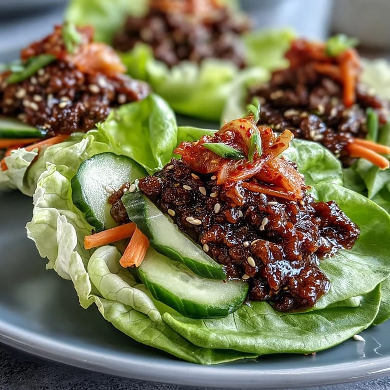 Spicy, savory Korean BBQ beef featured in fresh lettuce leaves with a bright kimchi topping.