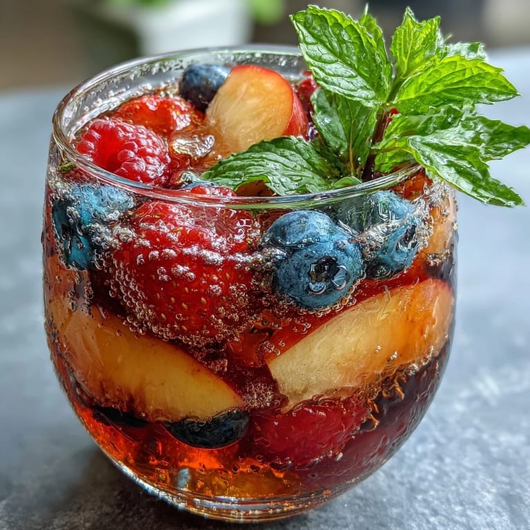 Refreshing pitcher of Summer Sangria Mocktail, loaded with colorful fruit, ready to serve.