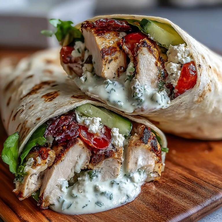 Grilled chicken wrapped in soft flatbread, showcasing creamy tzatziki sauce and vibrant ingredients.