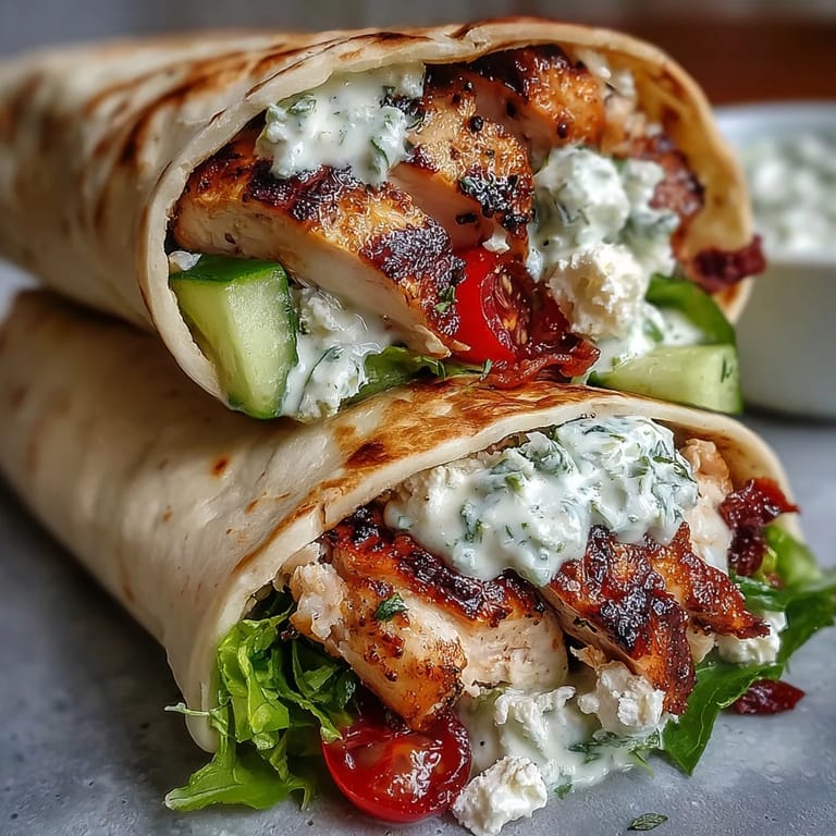 Delicious Tzatziki Chicken Wraps ready to enjoy, packed with fresh, savory goodness.
